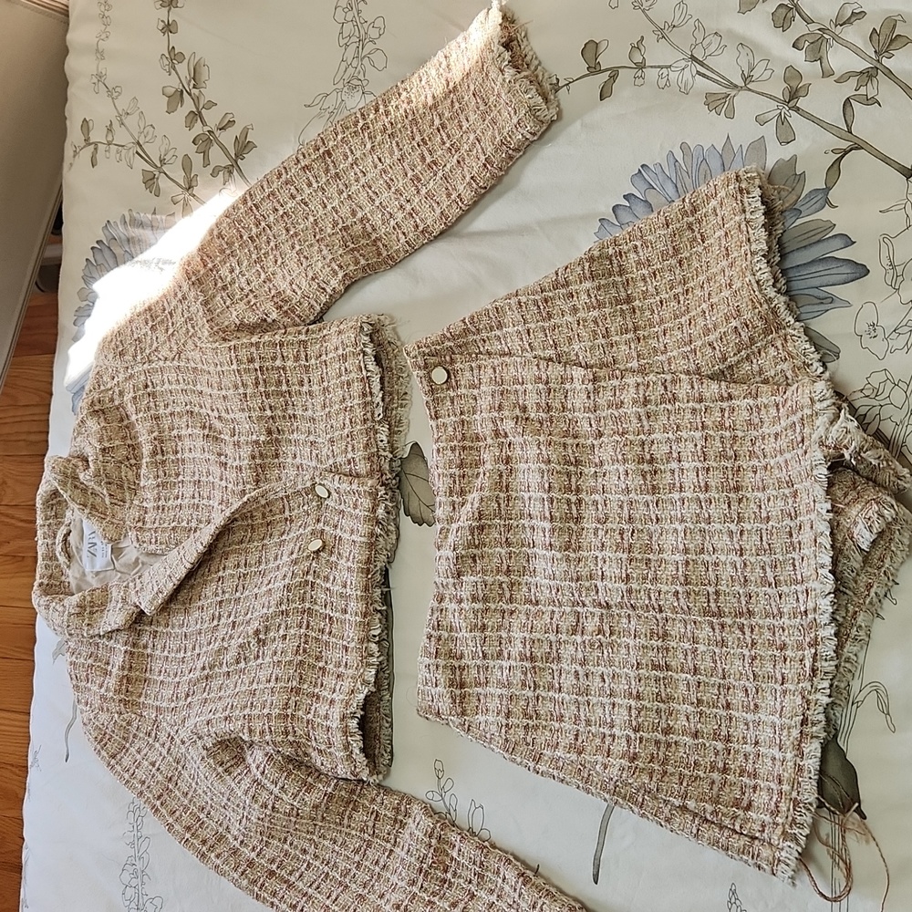 Zara Beige Tweed Jacket and Skirt Set